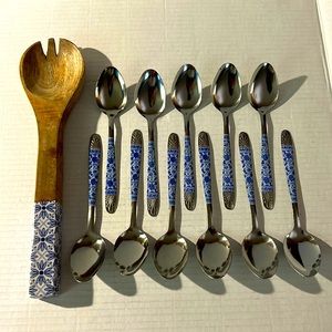 Blue & white set of 11 spoons and one large wooden spork